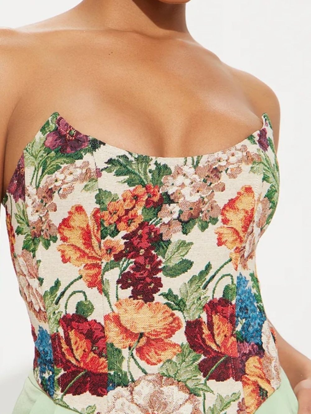 Fashion Nova Floral Strapless Bustier Top - Multicolor Floral on Cream